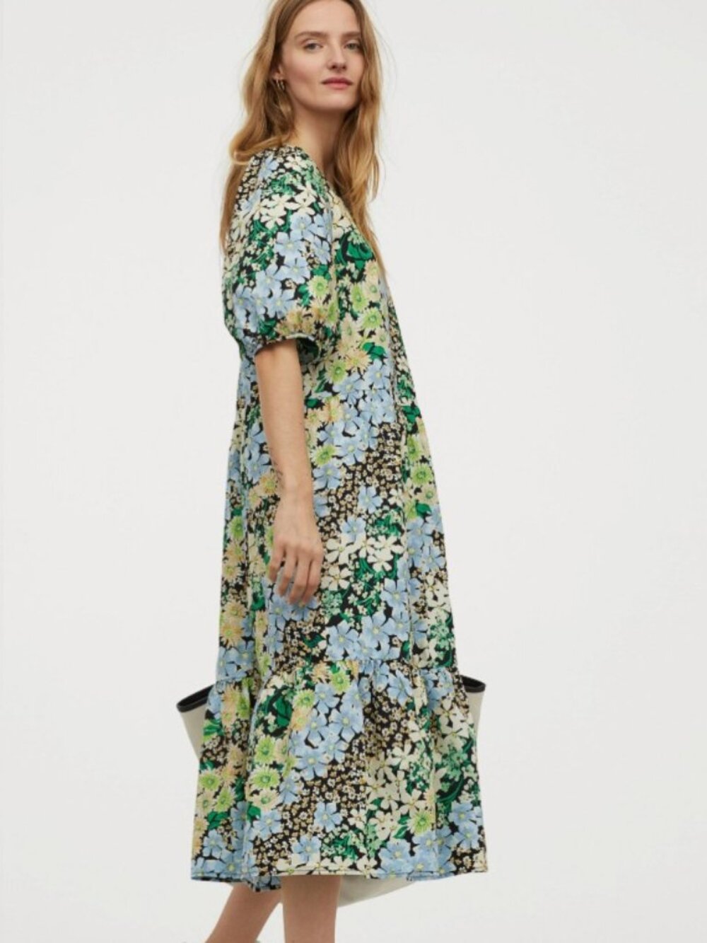 H&M SMALL Floral Puff Sleeve Boho Midi Dress with blue green flowers
